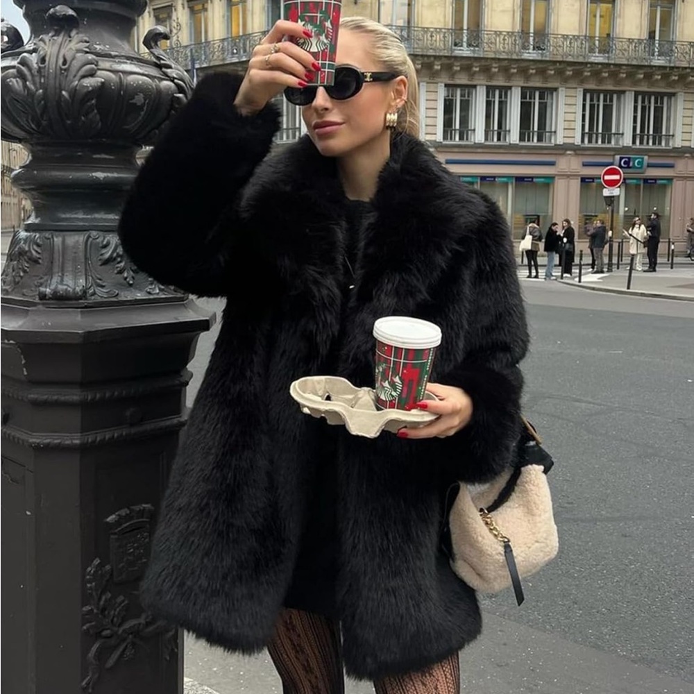 Elegant Black Faux Fur Coat shaggy women thick winter jacket collared